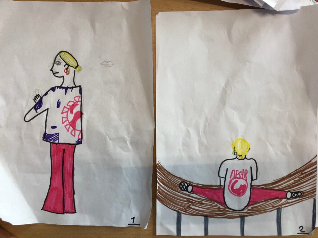 artist lisette ros in her role of educator integrated in a diptych drawing of one of her participating children; as part of her "perspective" assignment, implementing herself as applied performance artist.