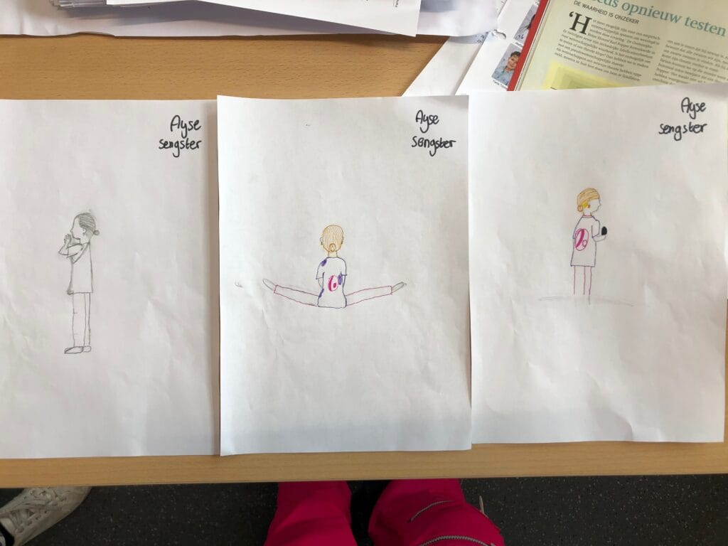 artist lisette ros in her role of educator integrated in a triptych drawing of one of her participating children; as part of her "perspective" assignment, implementing herself as applied performance artist.