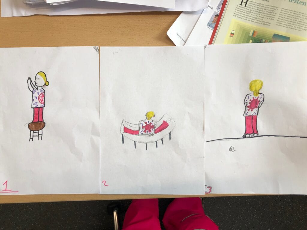 artist lisette ros in her role of educator integrated in a triptych drawing of one of her participating children; as part of her "perspective" assignment, implementing herself as applied performance artist.