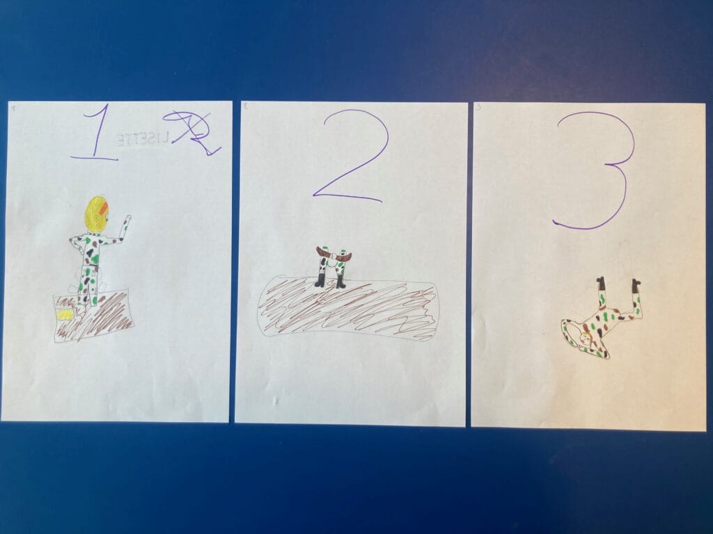 artist lisette ros in her role of educator integrated in a triptych drawing of one of her participating children; as part of her "perspective" assignment, implementing herself as applied performance artist.
