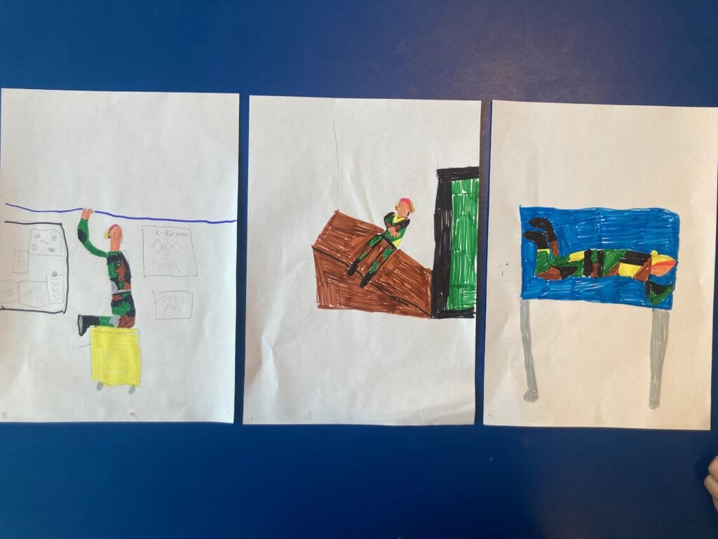 artist lisette ros in her role of educator integrated in a triptych drawing of one of her participating children; as part of her "perspective" assignment, implementing herself as applied performance artist.