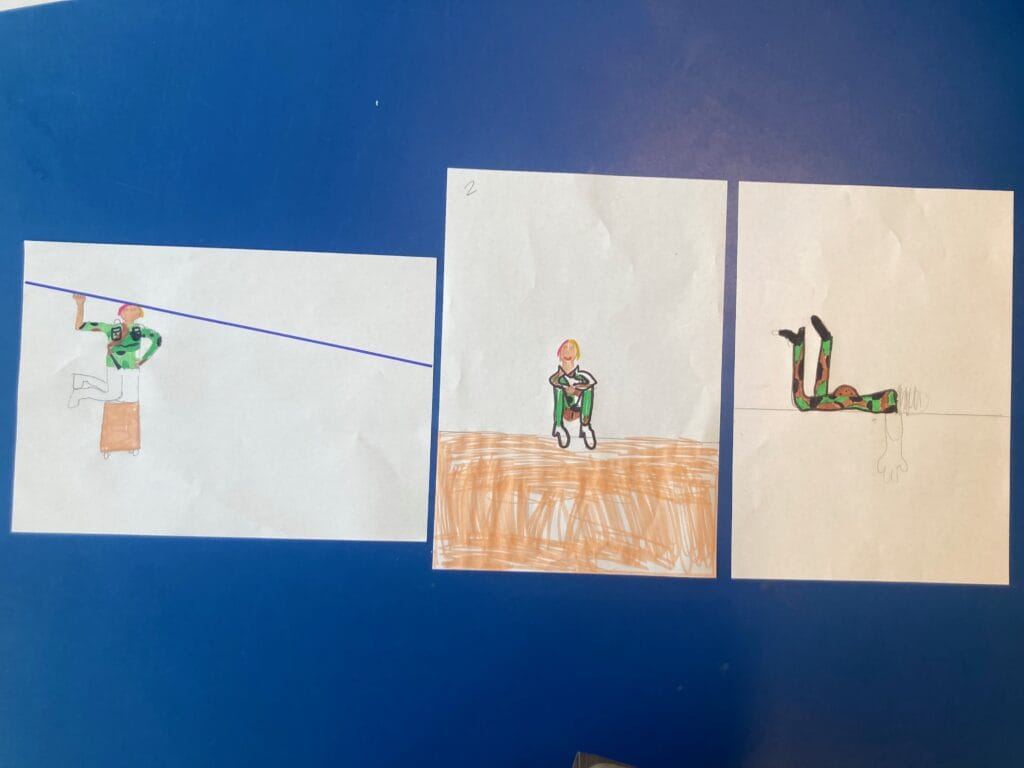 artist lisette ros in her role of educator integrated in a triptych drawing of one of her participating children; as part of her "perspective" assignment, implementing herself as applied performance artist.