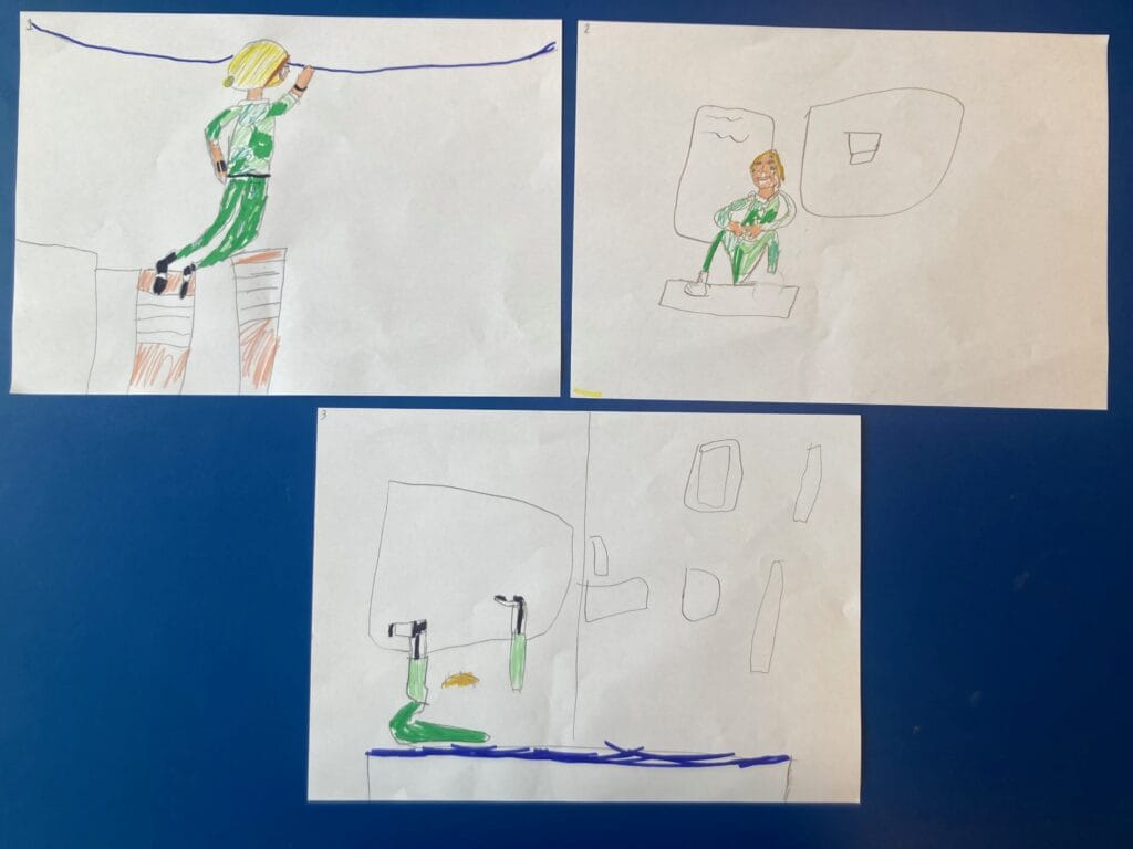 artist lisette ros in her role of educator integrated in a drawing of one of her participating children; as part of her "perspective" assignment, implementing herself as applied performance artist.