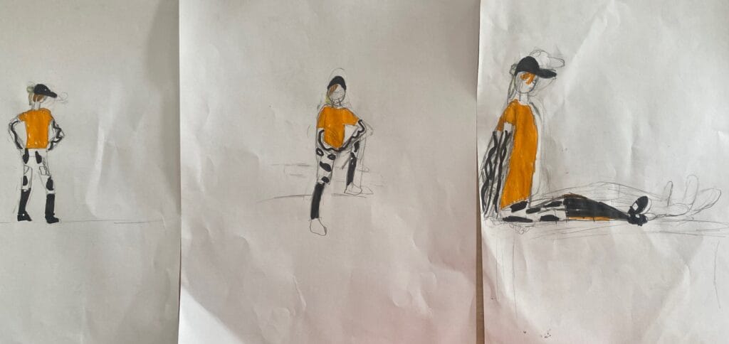 artist lisette ros in her role of educator integrated in a drawing of one of her participating children; as part of her "perspective" assignment, implementing herself as applied performance artist.