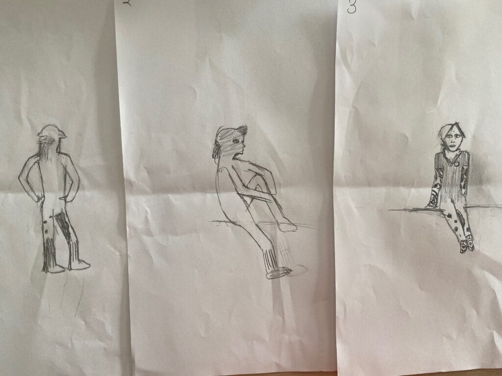 artist lisette ros in her role of educator integrated in a triptych drawing of one of her participating children; as part of her "perspective" assignment, implementing herself as applied performance artist.
