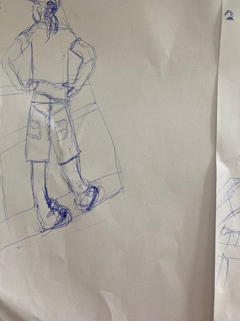 artist lisette ros in her role of educator integrated in a drawing of one of her participating children; as part of her "perspective" assignment, implementing herself as applied performance artist.