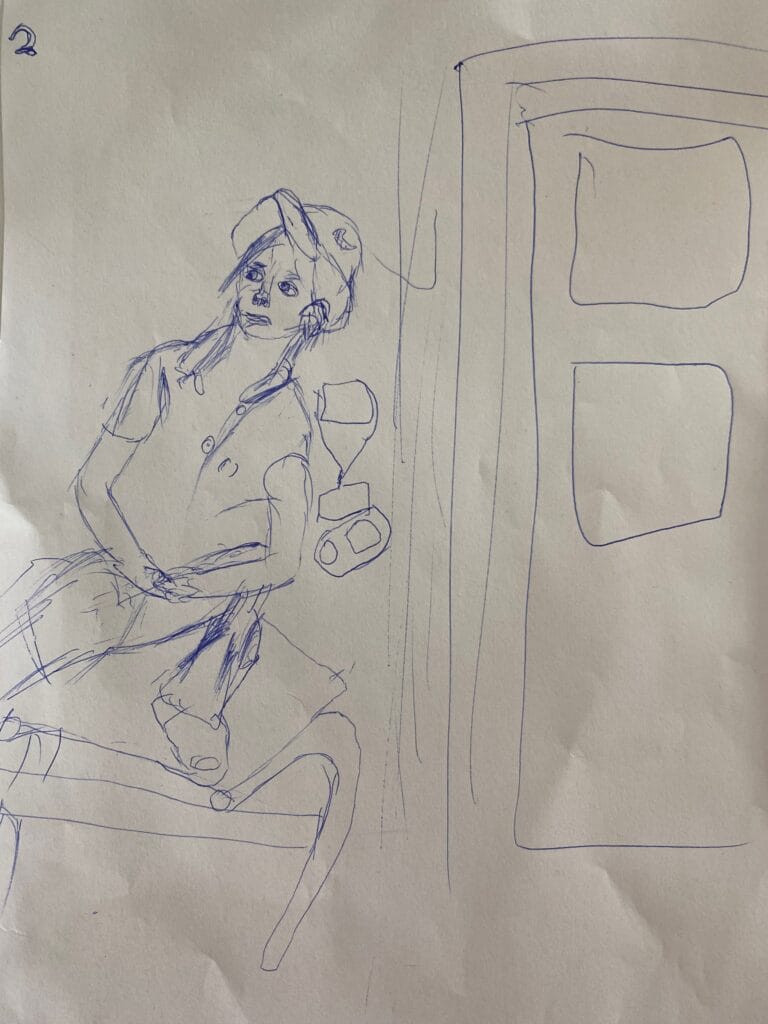 artist lisette ros in her role of educator integrated in a drawing of one of her participating children; as part of her "perspective" assignment, implementing herself as applied performance artist.