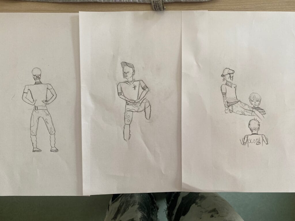 artist lisette ros in her role of educator integrated in a triptych drawing of one of her participating children; as part of her "perspective" assignment, implementing herself as applied performance artist.