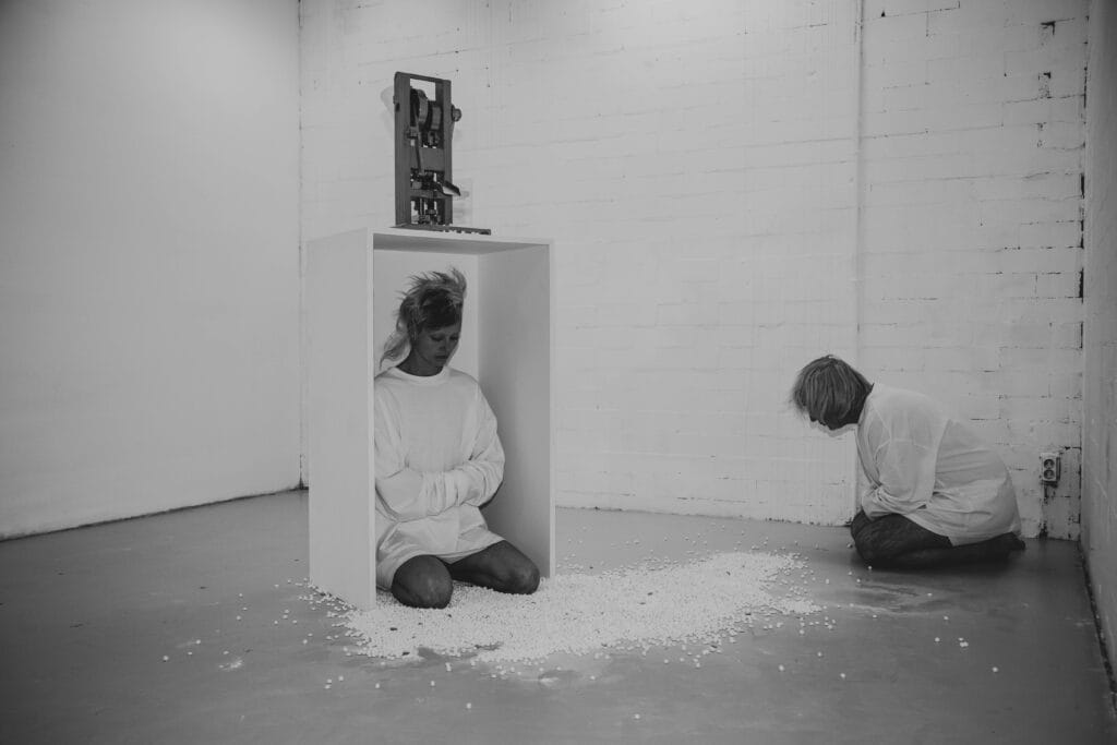 performance artist lisette ros with artist appie bood during launch of upcoming work "Presence in Absence" Piece four--USE ME